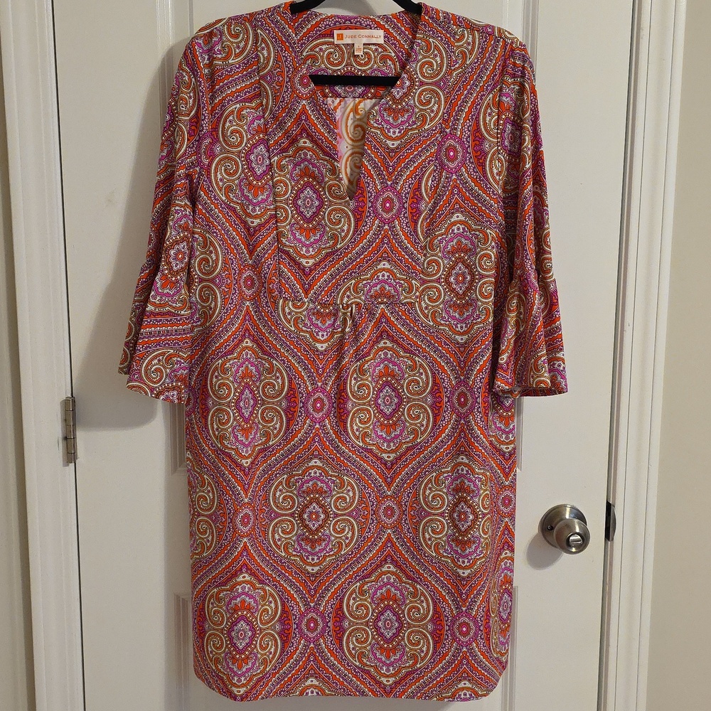 Jude Connally Kerry Medallion Dress Bell Sleeves Pink Orange Pockets Sz L Large